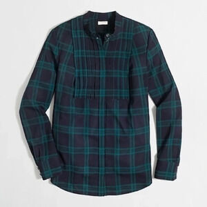 J. Crew • Navy Green Drapey Tuxedo Plaid Blouse